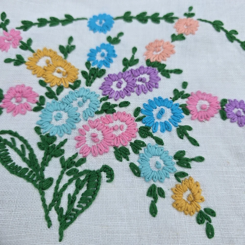 Vintage Cottagecore Tablecloth / Table Topper 39x39 with Floral Hand Embroidery